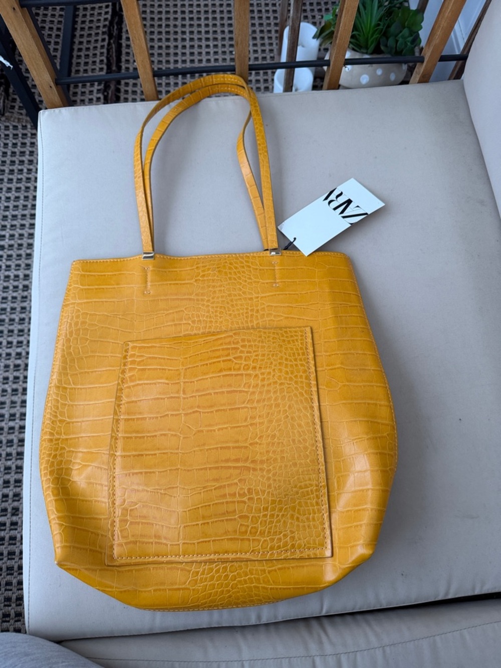 Zara Mustard Croc-Embossed Tote Bag